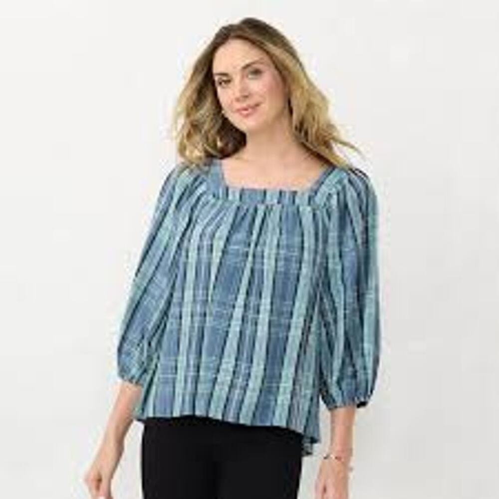 Lauren Conrad Women’s Square Neck Plaid 3/4 Sleeve Pullover Top Size‎ PS Blue